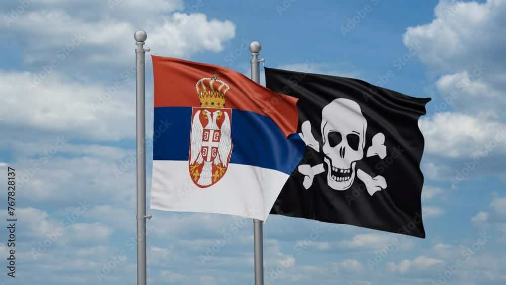 Serbia and Jolly Roger or pirate two flags waving together, looped video Serbia and Jolly Roger or pirate two flags waving together, looped video