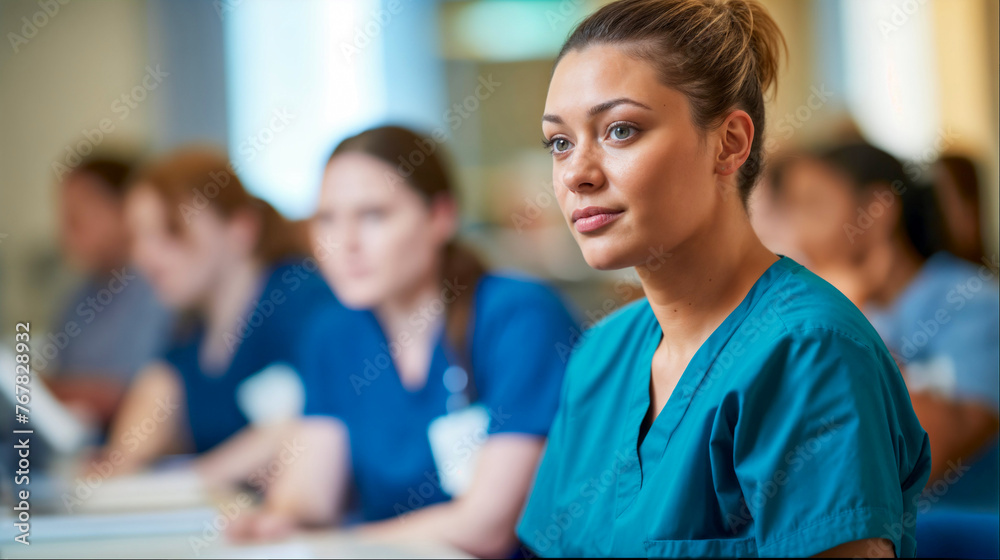 Concentrating Nurse in Scrubs at Medical Seminar