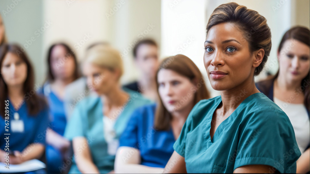 Concentrating Nurse in Blue Scrubs at a Seminar - obrazy, fototapety, plakaty 