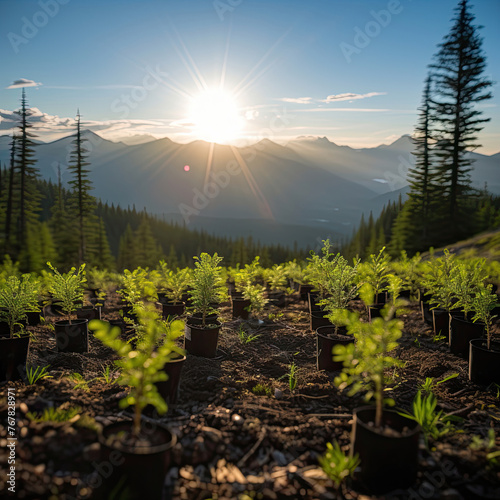 In the foreground, there is a row of trees and behind them there is a mountain ridge additionally, there are young trees planted in the background. Generated AI.