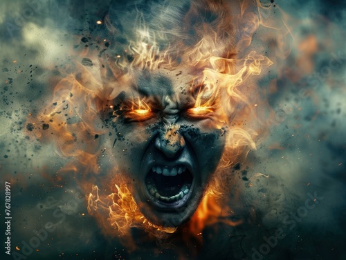 One screaming man, illustration, fiery backdrop, copy space. Anguish, conflict emotional breakdown, severe aggression