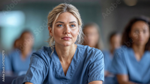 Focused Nurse Listening Intently at Medical Seminar