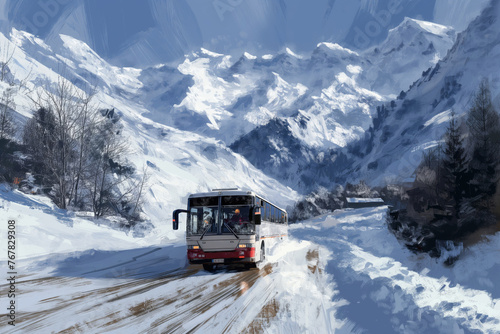 Scenic view capturing a bus journey amidst the vast snow-covered mountain landscape