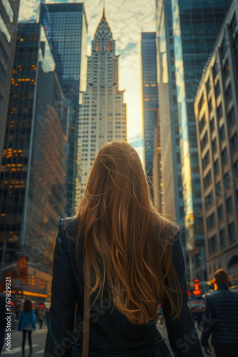 A woman stands in the center of a bustling city street, her hair glowing from the warm light of the sunset. Skyscrapers line the busy thoroughfare, reflecting the golden hour's hue.