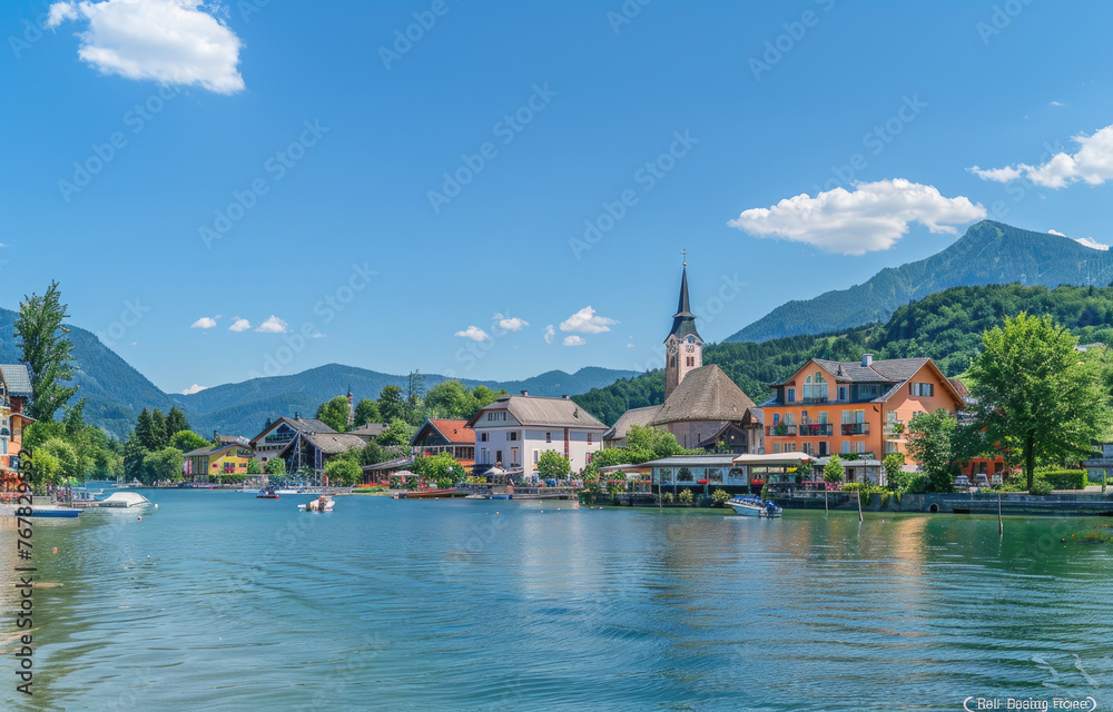 Extract from the most beautiful town of Hall in Austria overlooking a lake with a church and mountain range