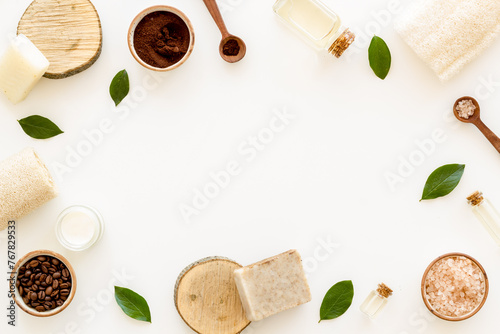 Spa cosmetic set with coffee soap and essential oil, top view