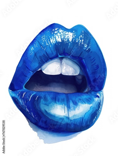 vertical illustration of blue female lips close-up on a white background. concept beauty, trend, fashion, blue, lips