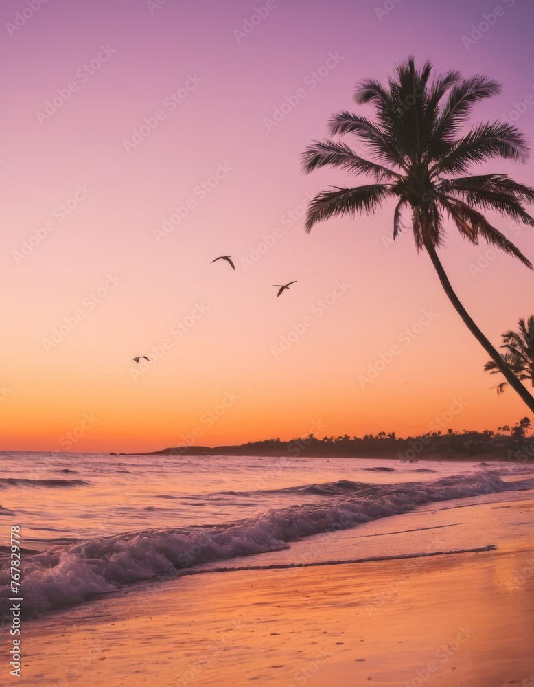 A breathtaking sunset paints the sky shades of purple over a tropical beach, palm trees silhouetted against the serene backdrop, birds in flight