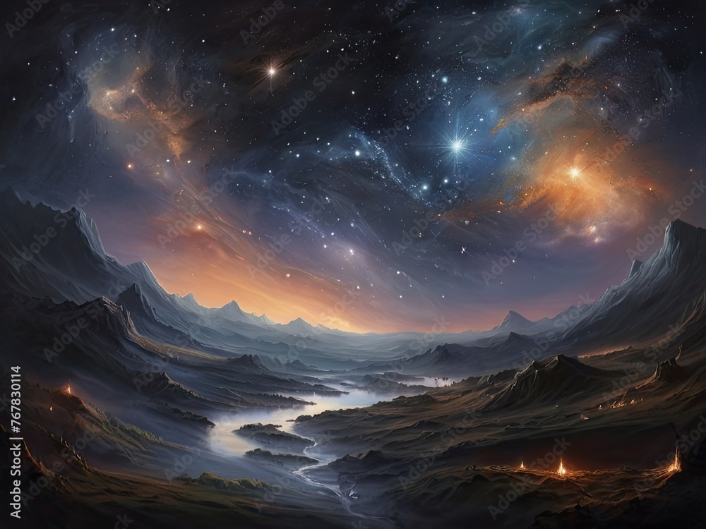 Depicting a mountain valley with a river running through it and stars in the sky above it. Generated AI.