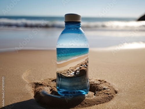 A water bottle stands on the beach with a sea of waves in the background. Generated AI.