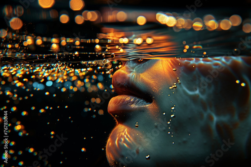 A woman's face is shown in a pool of water, with the water reflecting the light © Anek