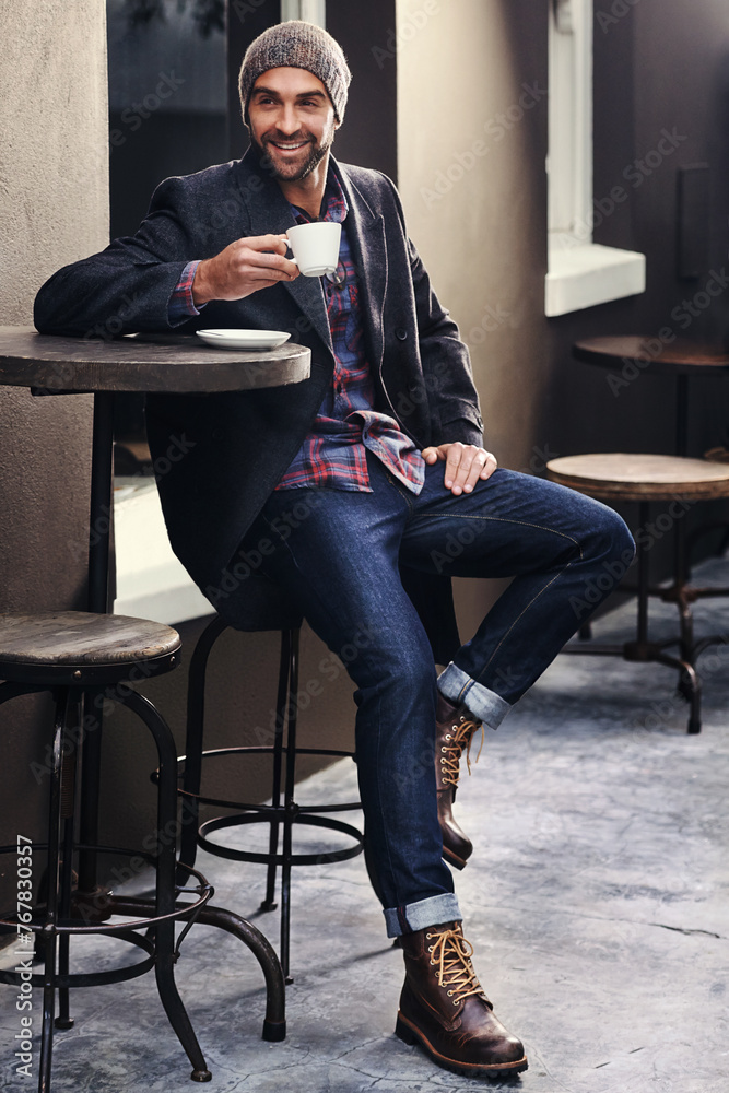 Thinking, cafe and happy man drinking coffee at table in city for breakfast in the morning. Dream, tea cup and smile of person with espresso, latte and planning future at shop with winter fashion Thinking, cafe and happy man drinking coffee at table in city for breakfast in the morning. Dream, tea cup and smile of person with espresso, latte and planning future at shop with winter fashion