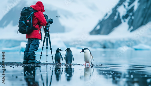 Capturing Nature's Beauty: A Professional Photographer with Modern Camera and Tripod amidst Iceberg Landscape, Accompanied by Penguins. Illustrating Ecology and Climate Change Concepts photo