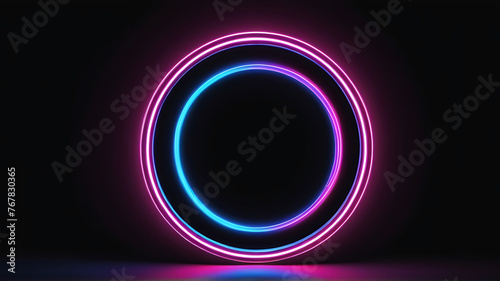 3d render neon light ring black background. glowing neon circle blue pink neon round frame. ai