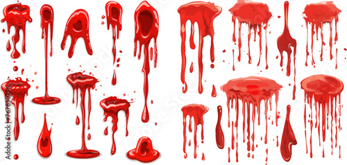 Red paint splash, halloween bloody splatter spots and bleeding hand traces