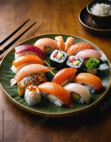 An elegant assortment of sushi and sashimi on a circular bamboo plate, accompanied by ginger and wasabi