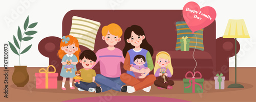 Happy Family Day. International Day Of Families 15 May. Father, mother, son, two daughters and newborn baby spend time together. Bordo sofa, gifts and balloon in room. Vector illustration