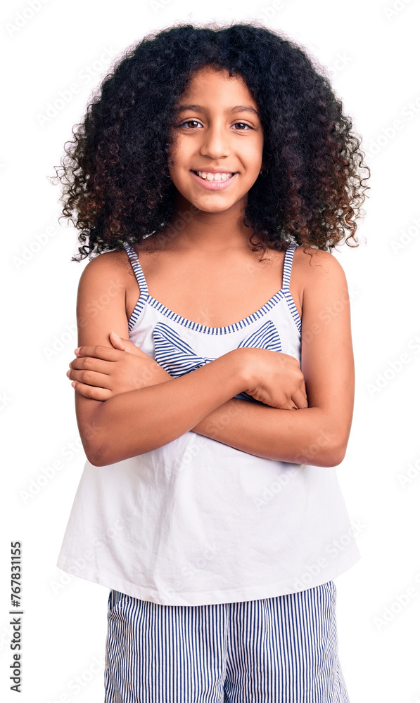 African american child with curly hair wearing casual clothes happy face smiling with crossed arms looking at the camera. positive person. African american child with curly hair wearing casual clothes happy face smiling with crossed arms looking at the camera. positive person.