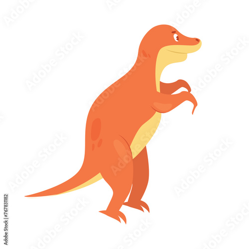 Orange raptor dinosaur. Prehistoric animal, jungle reptiles group, jurassic world evolution cartoon vector illustration
