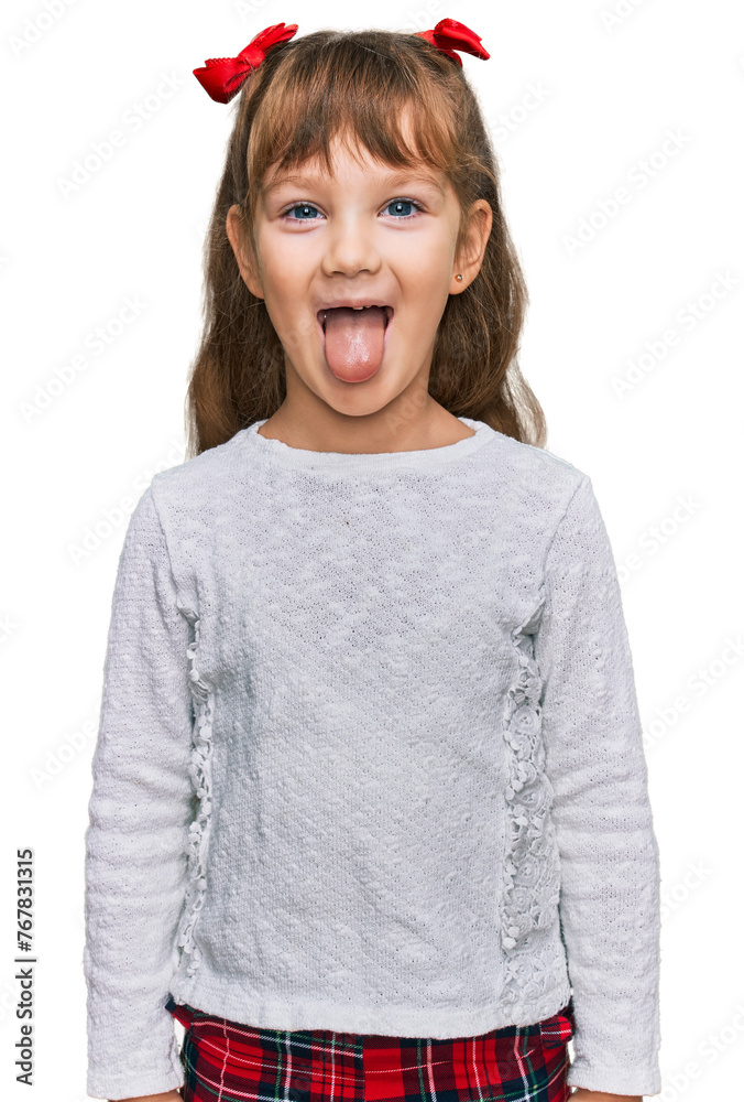 Little caucasian girl kid wearing casual clothes sticking tongue out happy with funny expression. emotion concept. - obrazy, fototapety, plakaty 