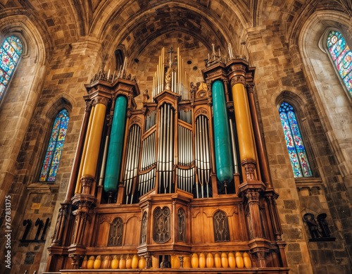 pipe organ in the church is made of wood and has many colorful stained glass windows.