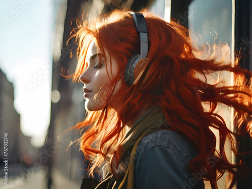 ragazza che ascolta la musica con le cuffie in strada photo