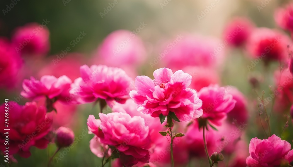 A vibrant display of pink peonies in full bloom, bathed in the soft glow of a hazy sunrise, evokes a feeling of romance and freshness