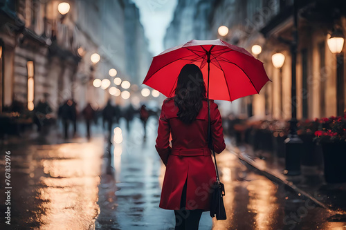 ragazza che cammina per strada sotto la pioggia con un ombrello rosso photo