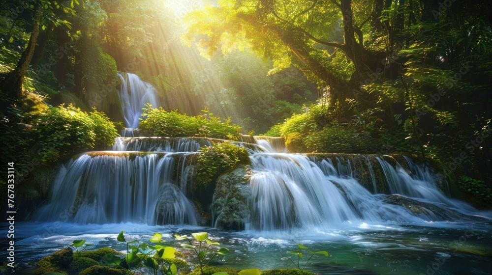 Obraz premium Tranquil mystical forest with cascading waterfalls, fairy tale magic and enchantment.