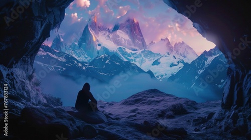 Lone figure in a cave gazing upon epic fantasy landscape of snow-capped mountains.
