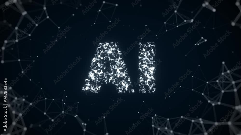 AI as text with connected dots and lines on a dark blue background for future technology, network and computer science in 4K animation