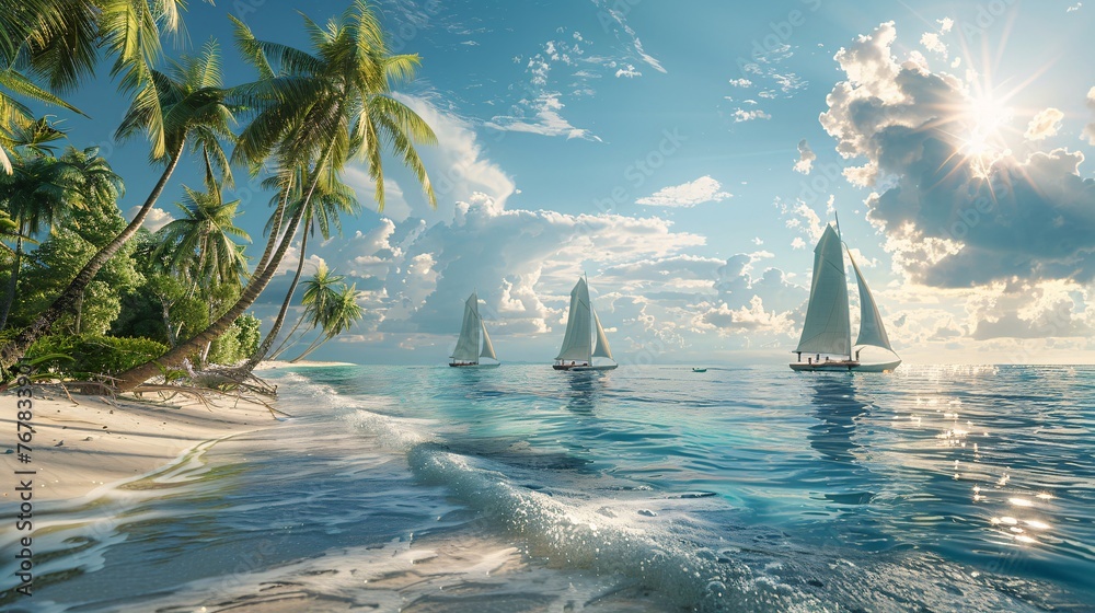 a picturesque scene of a tropical island's sandy beach lined with swaying coconut palms and small sailboats gently bobbing by the shore.