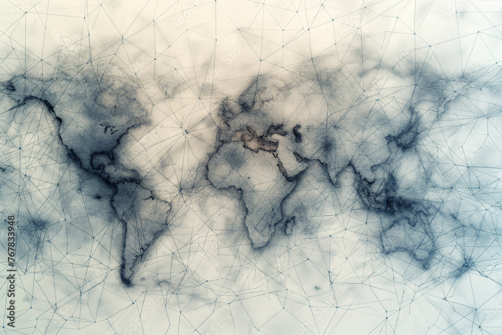 
the world map connected with lines of communication, in the style of light sky-blue and dark navy, multidimensional shading, consumer culture critique - obrazy, fototapety, plakaty 