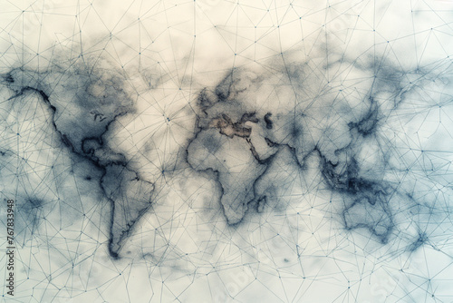 
the world map connected with lines of communication, in the style of light sky-blue and dark navy, multidimensional shading, consumer culture critique photo