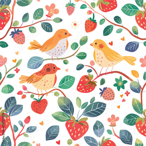 Seamless background with floral hearts lovely birds