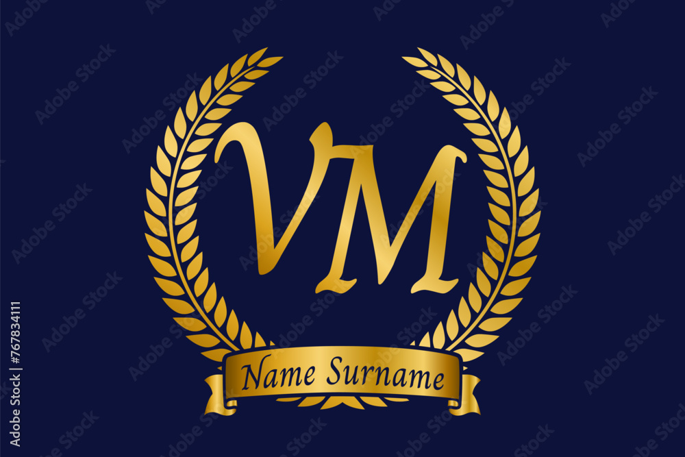 Initial letter V and M, VM monogram logo design with laurel wreath ...