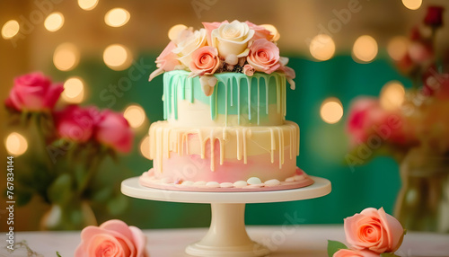 A multicolored cake with white chocolate and fresh roses on top