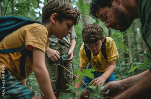 A photo of an adult and two children in nature, the boy is wearing shorts with blue short sleeves and a yellow t-shirt in his back pocket carrying backpacks looking at plants