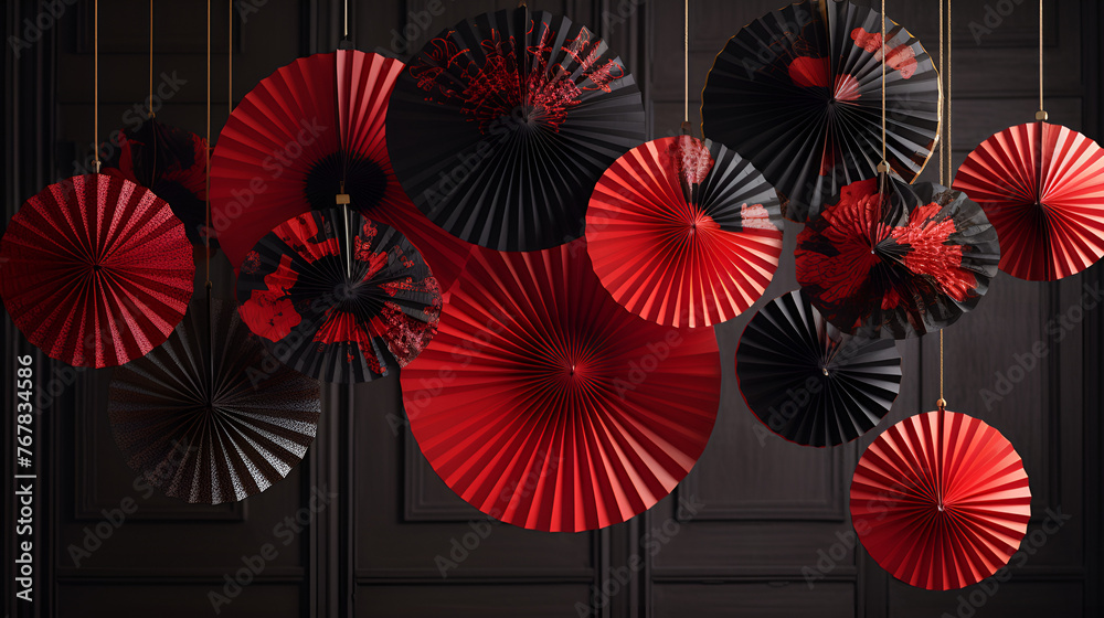 Red and black paper umbrellas arranged in a vibrant display