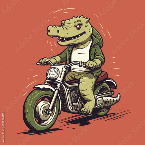 A crocodile biker, riding a motorcycle with a rebellious flair