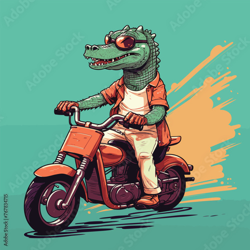 A crocodile biker, riding a motorcycle with a rebellious flair