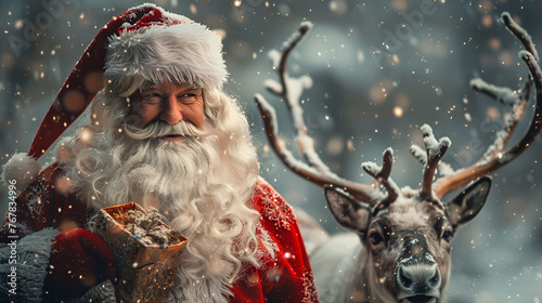 Babbo Natale e Renna Sfondo Santa Claus and Reindeer, generative ai photo