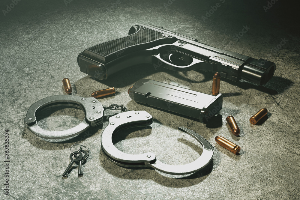 Black Semi-Automatic Handgun with Bullets and Handcuffs on Grey Concrete - obrazy, fototapety, plakaty 