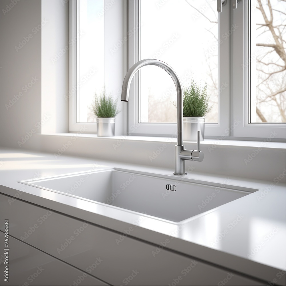 A kitchen sink sits on a countertop next to a window A kitchen sink sits on a countertop next to a window