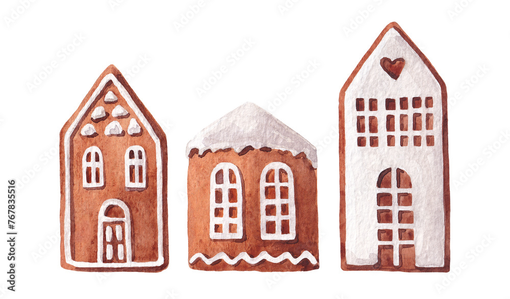 Set of gingerbread houses Christmas cookies.  Watercolor illustration isolated on white background.