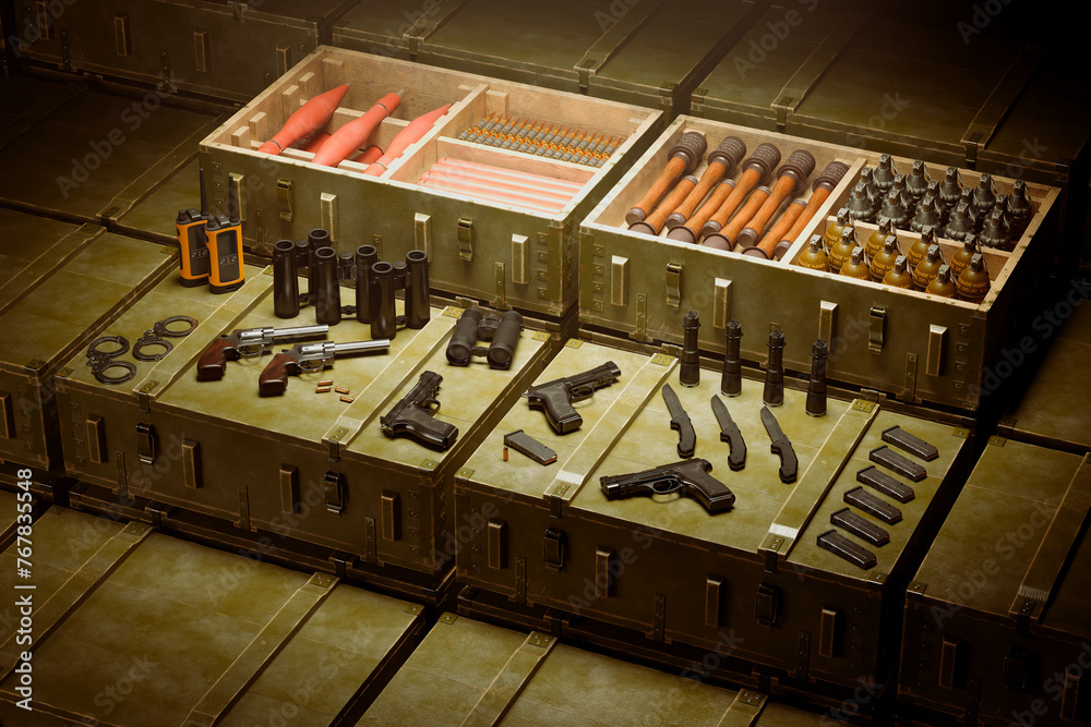 Comprehensive Display of Military Arsenal: Firearms, Ammunition, and Explosives