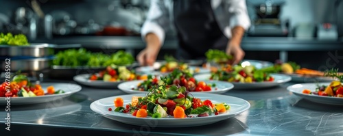 Fresh vegetable salad prepared on the table in a professional kitchen.