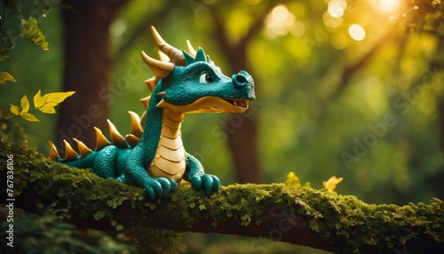 A charming digital rendering of a blue dragon figurine perched playfully on a forest branch  with sunlight filtering through the foliage.