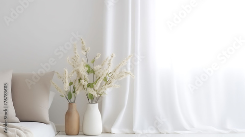 Simple curtains or blinds. In the spirit of hygge. Copy space.