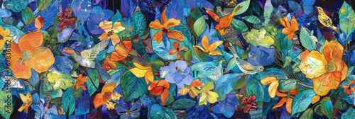 A painting featuring colorful flowers in various hues set against a vibrant blue background